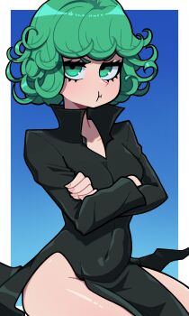 1girl absurdres black_dress breasts closed_mouth collarbone covered_navel crossed_arms dress green_eyes green_hair highres long_sleeves looking_at_viewer medium_breasts muds one-punch_man pout shiny_skin short_hair solo tatsumaki