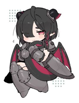 Rule 34 | 1girl, armor, armored boots, black hair, blush, boots, braid, chibi, chibi only, closed mouth, commentary request, dragon girl, dragon horns, dragon tail, dragon wings, flying sweatdrops, futapi, gauntlets, hair over one eye, highres, horns, hugging own tail, hugging tail, knee boots, leets (trickcal), looking at viewer, multicolored hair, pointy ears, red eyes, red hair, side braid, simple background, solo, tail, trickcal, wings