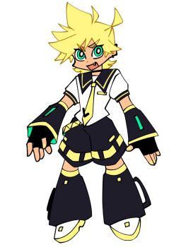 Rule 34 | 1boy, belt, black leg warmers, black sailor collar, black shorts, blonde hair, commentary, english commentary, fang, green eyes, highres, kagamine len, leg warmers, male focus, panty &amp; stocking with garterbelt (style), parti poppers, sailor collar, shirt, short hair, shorts, solo, solo focus, thick eyebrows, toon (style), vocaloid, white background, white shirt, yellow belt, yellow nails