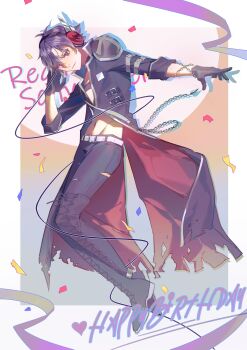 1boy absurdres belt black_boots black_gloves black_hair boots border character_name closed_mouth coat commentary_request confetti eiyuu_densetsu english_text full_body gloves gradient_background happy_birthday headphones heart highres long_sleeves looking_at_viewer male_focus midriff_peek navel outside_border rean_schwarzer red_eyes sen_no_kiseki sen_no_kiseki_(series) sen_no_kiseki_iii shadow85219 short_hair shoulder_guard simple_background sleeves_rolled_up smile solo streamers thigh_boots three-toned_background too_many too_many_belts torn_clothes torn_coat trench_coat wallet_chain white_belt white_border