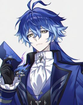 1boy antenna_hair arm_up ascot black_trim blue_hair closed_mouth collared_jacket empty_eyes flins_(genshin_fes_2026)_(genshin_impact) flins_(genshin_impact) frilled_sleeves frills frown genshin_impact gradient_hair hashtag-only_commentary highres holding jacket lapels long_hair long_sleeves male_focus multicolored_hair rio_(rio773) shirt simple_background solo vest white_ascot white_background white_shirt wing_collar yellow_eyes