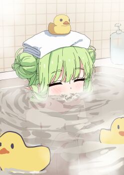 1girl =_= alternate_hairstyle bathing bathroom bathtub blowing_bubbles blue_archive blush closed_eyes double_bun flat_chest green_hair hair_bun highres hikari_(blue_archive) mouth_submerged nude partially_submerged pointy_ears rubber_duck seero soap_bottle solo steam tile_wall tiles