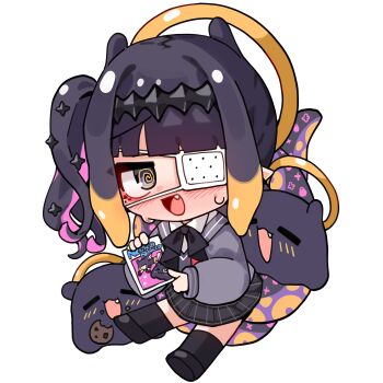 1girl :d @_@ absurdres black_bow black_bowtie blunt_bangs blush book bow bowtie chibi commentary cookie diamond_hairband english_commentary eyepatch fang food gradient_hair grey_sweater halo halo_behind_head highres holding holding_book hololive hololive_english jadea5124 medical_eyepatch mole mole_under_eye multicolored_hair ninomae_ina'nis ninomae_ina'nis_(school_uniform) octopus official_alternate_hairstyle open_mouth orange_hair pointy_ears purple_hair side_ponytail smile solo sweat sweater takodachi_(ninomae_ina'nis) tentacle_hair tentacles v-neck virtual_youtuber