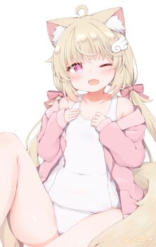 Rule 34 | 1girl, animal ear fluff, animal ears, artist name, blonde hair, bow, cat ears, cat girl, cat tail, commentary request, covered navel, flat chest, hair bow, hair ornament, hands up, jacket, long sleeves, looking at viewer, low twintails, one-piece swimsuit, one eye closed, open mouth, original, pink bow, pink eyes, pink jacket, school swimsuit, simple background, solo, swimsuit, tail, tutsucha illust, twintails, twitter username, white background, white one-piece swimsuit, wing hair ornament