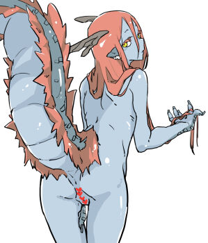 1girl animal_ear_fluff animal_ears animal_hands anus blue_skin censored chiwa_(fcwv5738) claws colored_eyelashes colored_skin commentary_request completely_nude cowboy_shot dragon_ears dragon_girl dragon_horns dragon_tail eastern_dragon_horns eastern_dragon_tail from_behind heart heart_censor highres holding_own_hair horns long_hair looking_at_viewer looking_back monster_girl nude original pussy red_hair simple_background solo tail tail_raised white_background yellow_eyes