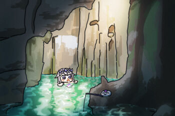 Rule 34 | 1girl, 1other, afloat, bing huyue, blush stickers, cave, chest jewel, chibi, commentary, english commentary, fiji, fishing rod, gem, gem hair ornament, hair flaps, highres, hololive, hololive english, koseki bijou, open mouth, pebble (koseki bijou), purple eyes, purple gem, purple hair, real world location, sawa-i-lau caves, virtual youtuber