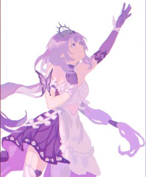 1girl arm_up asymmetrical_gloves bare_shoulders black_tiara bow breasts bug butterfly butterfly_ornament castorice_(honkai:_star_rail) choker clenched_hand commentary cowboy_shot dress elbow_gloves english_commentary flower garter_straps gloves hair_between_eyes hair_flower hair_ornament hand_up honkai:_star_rail honkai_(series) insect kiwiteamlp long_hair looking_up low_twintails medium_breasts purple_butterfly purple_choker purple_dress purple_eyes purple_flower purple_gloves purple_hair sidelocks simple_background sleeveless sleeveless_dress solo standing strapless strapless_dress teeth thighhighs tiara twintails two-tone_dress white_background white_bow white_dress white_thighhighs wrist_cuffs