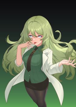1girl absurdres black_necktie black_pantyhose black_skirt breasts chinese_commentary coat collared_shirt commentary_request gradient_background green_hair green_shirt highres honkai_(series) honkai_impact_3rd lab_coat large_breasts long_hair looking_at_viewer miniskirt mobius_(honkai_impact) mobius_(pre-surgery)_(honkai_impact) necktie pantyhose pencil_skirt sasaki3rd shirt skirt slit_pupils solo tongue tongue_out very_long_hair white_coat