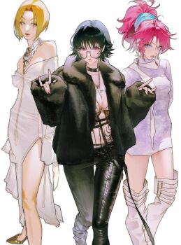 Rule 34 | 3girls, belt, black belt, black coat, black hair, black pants, blonde hair, blue eyes, bob cut, bra, breasts, brown eyes, coat, commentary request, cross, cross earrings, cross necklace, dress, earrings, eyelashes, eyeshadow, fashion, fingernails, full body, glass, hands up, high heels, hunter x hunter, jewelry, jnkku, korean commentary, leather, lips, looking at viewer, machi komacine, makeup, medium hair, multiple girls, necklace, pakunoda, pants, pink eyes, pink hair, pink nails, ponytail, shizuku murasaki, short dress, simple background, standing, stomach tattoo, tattoo, underwear, v-shaped eyebrows, white background, white dress, white footwear, yellow eyeshadow