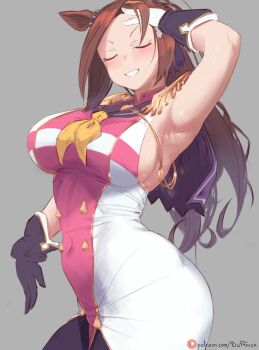 Rule 34 | 1girl, absurdres, animal ears, arm up, armpit focus, armpits, asymmetrical gloves, bakushin o armpit gif (meme), black gloves, breasts, brown hair, covered navel, duffmox, ear ornament, epaulettes, gloves, gold hairband, grey background, hairband, highres, horse ears, horse girl, long hair, meme, mismatched gloves, neckerchief, patreon username, ponytail, sakura bakushin o (blossom in learning) (umamusume), sakura bakushin o (umamusume), sideboob, simple background, sleeveless, sleeveless jacket, smile, solo, tight clothes, umamusume, white gloves, yellow neckerchief