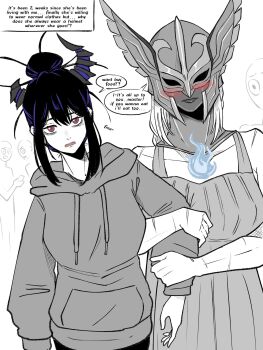 Rule 34 | asymmetrical horns, black hair, blue fire, blue hair, blush, collarbone, colored inner hair, commentary, demon horns, dress, elizabeth rose bloodflame, english commentary, english text, fire, grabbing another's arm, helmet, highres, hololive, hololive english, hood, hoodie, horns, jasper xandros, long hair, multicolored hair, multiple girls, nerissa ravencroft, scar, two-tone hair, uneven horns, virtual youtuber, winged helmet