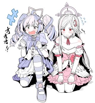 +_+ 2girls :d absurdres blue_archive blue_hair blush closed_mouth commentary crescent crescent_hair_ornament dress drill_hair full_body gloves hair_ornament halo hands_up highres long_hair looking_to_the_side multiple_girls neck_ribbon nervous notice_lines official_alternate_costume official_alternate_hairstyle open_mouth pink_dress pink_hair pink_halo pink_ribbon red_eyes reisa_(blue_archive) reisa_(magical)_(blue_archive) ribbon seiza short_sleeves simple_background sitting smile star_(symbol) star_hair_ornament suzumi_(blue_archive) suzumi_(magical)_(blue_archive) sweat twin_drills v-shaped_eyebrows wavy_mouth white_background white_dress white_gloves white_hair wujurana