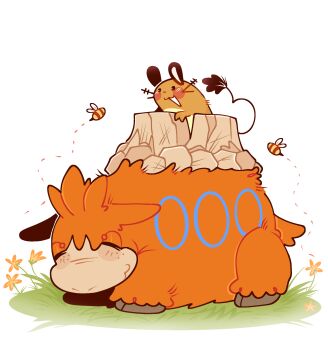 Rule 34 | :d, bee, blush stickers, bug, camerupt, closed eyes, commentary, dedenne, english commentary, flower, gen 3 pokemon, gen 6 pokemon, gift art, highres, insect, lying, nintendo, no humans, on stomach, open mouth, outdoors, pokemon, pokemon (creature), smile, usuallyjupiter