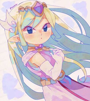 1girl adversarial_noise artist_name black_eyes blonde_hair circlet dress elbow_gloves gem gloves hair_ornament highres light_blush long_hair looking_at_viewer nintendo own_hands_together parted_lips pink_dress pointy_ears princess_zelda purple_gemstone solo the_legend_of_zelda the_legend_of_zelda:_spirit_tracks tokuura toon_zelda twitter_username watermark watermark_grid white_gloves