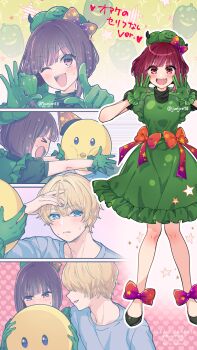 1boy 1girl arima_kana bell_pepper blonde_hair blue_eyes blue_shirt blush bob_cut bow dress gloves green_bell_pepper green_bow green_dress green_gloves green_hat hat highres hoshino_aquamarine inverted_bob junjonta looking_at_viewer medium_hair one_eye_closed open_mouth oshi_no_ko pieyon red_bow red_eyes red_hair shirt short_hair short_sleeves smile star-shaped_pupils star_(symbol) symbol-shaped_pupils