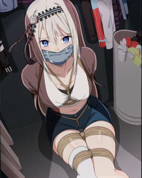 1girl absurdres arms_behind_back bdsm belly bondage bound bound_arms bound_breasts bound_legs bound_torso collarbone crotch_rope female_focus gag gagged highres improvised_gag kaguya-sama_wa_kokurasetai_~tensai-tachi_no_renai_zunousen~ midriff navel on_floor paid_reward rope shibari shibari_over_clothes shirogane_kei sitting skindentation solo tape tape_gag tied_up_(nonsexual) tiedtiki