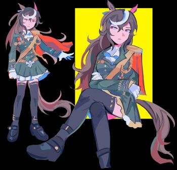 1girl aiguillette animal_ears ascot black_thighhighs brown_hair buttons cape closed_mouth crossed_arms crossed_legs double-breasted ear_ornament earrings epaulettes flshfish gloves green_jacket green_skirt hair_between_eyes highres horse_ears horse_girl horse_tail jacket jewelry long_hair long_sleeves looking_to_the_side medal multicolored_hair purple_eyes red_cape shirt shoes side_cape single_earring single_epaulette sitting skirt streaked_hair symboli_rudolf_(emperor&#039;s_path)_(umamusume) symboli_rudolf_(umamusume) tail thighhighs umamusume white_ascot white_gloves white_hair