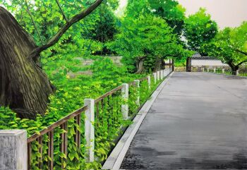 building bush day fence harusa1107 highres iron_fence leaf no_humans original outdoors painting_(medium) path road rooftop scenery shadow stone_wall sunlight traditional_media tree tree_shade