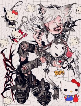 1boy :/ amatou_akuma animal animal_ears artist_name bags_under_eyes bandaid bat_wings belt belt_buckle black_belt black_choker black_collar black_leg_warmers black_shoes bleeding blood blood_on_leg bong boots bow bracelet buckle cat cat_boy cat_ears cat_tail chain character_charm character_doll charm_(object) choker cigarette closed_mouth collar cross cross_choker detached_leggings doll ear_piercing earrings emo_boy fishnet_top fishnets from_side full_body goth_fashion grey_background grey_eyes grey_hair grey_pants grey_shorts grey_tail gun half-closed_eyes hand_up head_wings headphones heart hello_kitty hello_kitty_(character) highres holding holding_animal holding_cigarette holding_stuffed_toy holding_weapon hoop_earrings jewelry knife leash leather leg_warmers long_sleeves looking_at_viewer machine_gun male_focus messy_hair midair middle_finger mini_wings mole mole_under_eye multicolored_hair o-ring original pants pentagram pentagram_print piercing pitchfork platform_boots platform_shoes red_eyes ring safety_pin sanrio scar scar_on_arm scar_on_hand scar_on_hands scar_on_leg scar_on_thigh scar_on_thighs scars_all_over shirt shoes short_hair shorts signature simple_background sitting skull smoke smoking solo sparkle speech_bubble spiked_bracelet spiked_collar spikes stoned stuffed_animal stuffed_cat stuffed_toy tail tail_bracelet tail_ornament too_many torn_clothes torn_pants torn_shorts two-tone_hair weapon white_background white_eyes white_hair white_tail wings