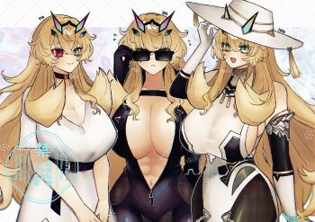 1girl abs bare_shoulders barghest_(celebratory_attire)_(fate) barghest_(dream_portrait)_(fate) barghest_(exhibition_attire)_(fate) barghest_(fate) belt black_bodysuit black_dress black_gloves blonde_hair blush bodysuit breasts brown_pantyhose center_opening chain chain_bracelet choker cleavage commentary_request dress elbow_gloves fate/grand_order fate_(series) fur_collar gloves green_eyes hat heterochromia highres horns huge_breasts long_hair looking_at_viewer multicolored_gloves multiple_views muscular muscular_female navel noa_pisces open_mouth pantyhose pelvic_curtain red_eyes short_sleeves sideboob smile sun_hat sunglasses tassel two-tone_dress two-tone_gloves white_dress white_gloves white_hat