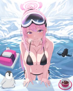 1girl absurdres amagamip bare_shoulders bikini bird black_bikini blue_archive blurry blurry_background blush breasts cleavage closed_mouth collarbone commentary_request cup eimi_(blue_archive) eimi_(swimsuit)_(blue_archive) folded_clothes food glacier goggles goggles_on_head groin halo high_ponytail highres hot_chocolate large_breasts long_hair looking_at_viewer marshmallow navel penguin pink_eyes pink_hair pink_halo ponytail side-tie_bikini_bottom smile solo stomach swimsuit thighs twitter_username
