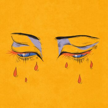 1other blood bloody_tears blue_eyes close-up colored_eyelashes crying eye_focus galactixyi half-closed_eyes highres looking_down original simple_background solo sparkle teardrop yellow_background