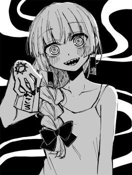 1girl absurdres anpan_sora blush bocchi_the_rock! braid commentary_request dress earrings flat_chest greyscale hand_tattoo highres hiroi_kikuri jewelry long_hair monochrome ofuda_earrings open_mouth ringed_eyes sharp_teeth sketch smile solo staring tattoo teeth upper_body