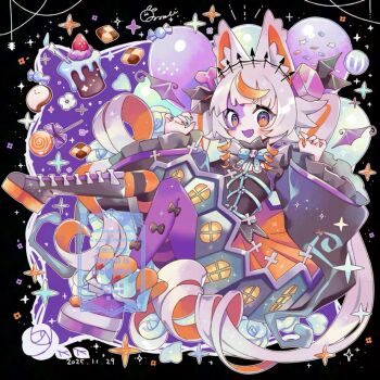 1girl :d animal_ear_fluff animal_ears asymmetrical_footwear asymmetrical_legwear black_boots black_border black_pantyhose black_shirt blue_bow blue_bowtie blunt_bangs blush boots border bow bowtie candy checkerboard_cookie colored_tongue commentary cookie dated fang food fox_ears fox_girl frilled_sleeves frills full_body hair_ornament hands_up knee_boots lollipop long_hair long_sleeves looking_at_viewer mismatched_footwear mismatched_legwear mochimura_sorata multicolored_hair open_mouth orange_eyes orange_hair orange_pantyhose orange_skirt original outside_border pantyhose purple_background purple_hair purple_pantyhose purple_tongue shirt shoes signature skin_fang skirt smile solo sparkle streaked_hair striped_clothes striped_pantyhose swirl_lollipop symbol-only_commentary twintails two-tone_hair watermark white_shoes wide_sleeves wrapped_candy