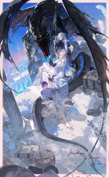 Rule 34 | 1girl, 2boys, absurdres, artist name, black dragon, blue flower, blue sky, book, boots, broken pillar, cape, chest harness, closed mouth, coat, day, dragon, dress, eteru, expressionless, fire, flower, full body, gauntlets, grey eyes, grey hair, hair ornament, happy birthday, harness, highres, holding, holding book, incredibly absurdres, looking afar, looking at animal, looking at another, multiple boys, open book, original, outdoors, pillar, purple hair, ruins, sheath, short hair, sitting, sky, smile, sun, sunset, sword, two-sided cape, two-sided fabric, weapon, white boots, white cape, white coat, white dress, white hair