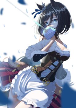 Rule 34 | 1girl, animal ears, black hair, blue eyes, bob cut, bodice, breasts, commentary request, cowboy shot, dirndl, ear ornament, ear scrunchie, eishin flash (meisterschaft) (umamusume), eishin flash (umamusume), german clothes, hair between eyes, highres, holding, holding sword, holding weapon, horse ears, horse girl, horse tail, looking at viewer, morami (mora2 shitekita), petals, rapier, solo, swept bangs, sword, tail, umamusume, weapon