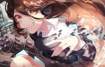 1girl armor breastplate broken_glass brown_eyes brown_hair chromatic_aberration city clip_studio_paint_(medium) collared_shirt commentary_request digital_dissolve ear_protection gatling_gun glass grin hair_between_eyes highres long_hair long_hair_between_eyes long_sleeves original remi_(remi_0702) shirt skirt smile solo sun sunset