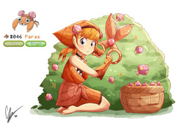 1girl barefoot basket blush bush choker closed_mouth endifi fingerless_gloves freckles gen_1_pokemon glint gloves headscarf hedge_clippers kneeling looking_at_viewer mushroom nintendo orange_gloves orange_hair paras personification pokemon short_hair signature
