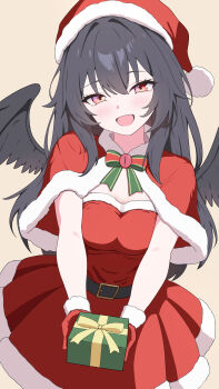 1girl absurdres belt black_belt black_hair blush bow bowtie box breasts capelet commentary_request dress fur-trimmed_capelet fur-trimmed_dress fur-trimmed_gloves fur-trimmed_headwear fur_trim gift gift_box gloves green_bow green_bowtie hat highres holding holding_gift long_hair looking_at_viewer o1118 open_mouth pink_eyes red_capelet red_dress red_gloves red_hat reiuji_utsuho santa_costume santa_dress santa_hat smile solo touhou very_long_hair