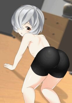 1boy all_fours animated animated_gif ass ass_shake bike_shorts black_shorts brown_eyes chiri_tsumoo grey_hair hair_over_one_eye indoors jiggle looking_back male_focus original shorts shota solo topless_male