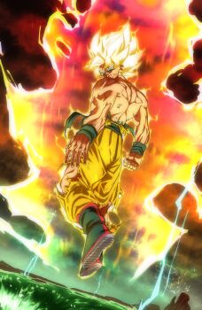 1boy absurdres aura blonde_hair dragon_ball dragonball_z from_behind full_body green_eyes highres looking_at_viewer looking_back male_focus midair ocean pants solo son_goku spiked_hair super_saiyan super_saiyan_1 topless_male torn_clothes torn_pants tspace32