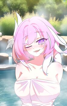 1girl ;) absurdres breasts chinese_commentary cleavage commentary_request diamond-shaped_pupils diamond_(shape) elysia_(herrscher_of_human:_ego)_(honkai_impact) elysia_(honkai_impact) highres honkai_(series) honkai_impact_3rd large_breasts multicolored_hair naked_towel one_eye_closed onsen partially_submerged pink_hair purple_eyes rinapaint_write short_hair smile solo symbol-shaped_pupils towel two-tone_hair white_hair