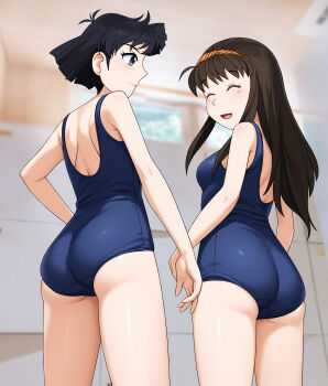 2girls ass black_hair blue_one-piece_swimsuit breasts brown_hair commentary_request from_behind from_below hairband highres kousaka_maiko kusanagi_shinobu long_hair multiple_girls neopure one-piece_swimsuit orange_hairband school_swimsuit short_hair small_breasts swimsuit true_love_story