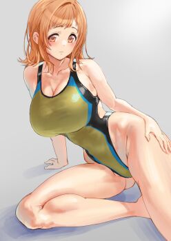 Rule 34 | 1girl, barefoot, breasts, brown eyes, brown hair, cleavage, competition swimsuit, dokiyuri, gold one-piece swimsuit, grey background, highleg, highleg one-piece swimsuit, highres, idolmaster, idolmaster shiny colors, large breasts, one-piece swimsuit, sakuragi mano, short hair, sitting, solo, swimsuit, yokozuwari