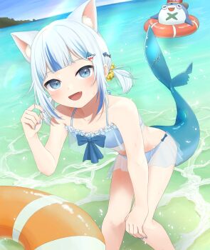 Rule 34 | 1girl, aka tadaima, animal ears, bikini, bloop (gawr gura), blue bikini, blue bow, blue eyes, blue nails, blunt bangs, blush, bow, cat ears, commentary request, extra ears, fang, fins, fish hair ornament, fish tail, gawr gura, hair ornament, hand on own knee, highres, hololive, hololive english, innertube, kemonomimi mode, ocean, open mouth, shark tail, summer, swim ring, swimsuit, tail, virtual youtuber, wading