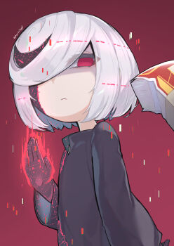 1girl ? artist_name banknote black_dress black_shirt bright_pupils child closed_mouth colored_extremities colored_inner_hair colored_skin commentary commentary_request disgust dollar_bill dotted_background dress from_below glitch glowing glowing_hand hair_between_eyes hair_over_eyes hair_over_one_eye highres humanoid_robot looking_at_viewer money money_gesture multicolored_hair myuutau_tadakichi red_background red_eyes red_hands red_pupils robot robot_girl sage_(sonic) shirt short_hair signature skirt solo sonic_(series) sonic_frontiers spoken_question_mark sweat sweatdrop twitter_username white_hair white_skin wide_sleeves