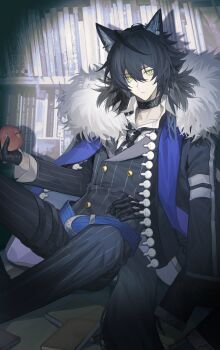 Rule 34 | 1boy, absurdres, against wall, animal ear piercing, animal ears, apple, arknights, belt, black coat, black gloves, black suit, blue belt, blue scarf, book, bookshelf, coat, coat on shoulders, commentary, feet out of frame, food, formal clothes, frown, fruit, fur-trimmed coat, fur trim, gloves, highres, holding, holding food, holding fruit, infection monitor (arknights), kamiki hukenoshi, looking at viewer, male focus, messy hair, pinstripe pattern, pinstripe suit, scarf, solo, striped, suit, tail, vigil (arknights), wolf boy, wolf ears, wolf tail, yellow eyes