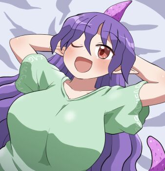 1girl ;d arms_behind_head blush breasts collarbone commentary_request highres horns large_breasts long_hair one_eye_closed open_mouth pointy_ears purple_hair red_eyes rokugou_daisuke short_sleeves single_horn smile solo tenkajin_chiyari touhou upper_body