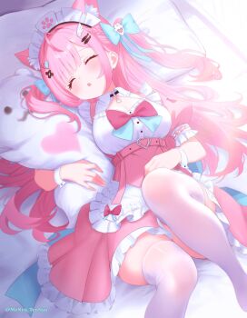 1girl absurdres ahoge animal_ears bandaid bandaid_hair_ornament belt black_choker blue_bow blush bow braid breasts cat_choker cat_ears cat_girl choker cleavage_cutout closed_eyes clothing_cutout crossed_bandaids day dress extra_ears fingernails fish_hair_ornament ghost_hair_ornament hair_bow hair_ornament hairclip heart heart_hair_ornament highres indie_virtual_youtuber long_hair lying maid maid_headdress monyu_tennyo nail_polish o-ring o-ring_choker on_back open_mouth paw_print pillow pink_belt pink_bow pink_dress pink_hair pink_nails short_sleeves sleeping solo thighhighs thighs twitter_username two_side_up virtual_youtuber white_thighhighs white_wrist_cuffs wing_hair_ornament wrist_cuffs yuuki_sakuna yuuki_sakuna_(1st_costume)