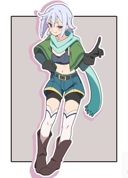 1girl absurdres aqua_scarf belt belt_buckle bike_shorts bike_shorts_under_skirt black_belt black_gloves blush_stickers boots breasts brown_boots buckle capelet chris_(konosuba) commentary drop_shadow full_body gloves green_capelet green_shorts grey_background grey_hair hair_between_eyes hand_on_own_hip highres kono_subarashii_sekai_ni_shukufuku_wo! looking_at_viewer midriff navel noyama_takenoko outline pointing scar scar_on_face scarf short_hair short_shorts shorts simple_background small_breasts smile smirk solo thighhighs uneven_eyes white_outline white_thighhighs