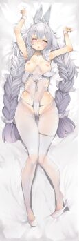 1girl aged_up animal_ears azur_lane braid breasts commentary_request highres le_malin_(azur_lane) le_malin_(listless_lapin)_(azur_lane) leotard long_hair lying medium_breasts nipples official_alternate_costume pantyhose rabbit_ears solo twin_braids ushiro_muki wrist_cuffs