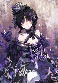 Rule 34 | 1girl, bare shoulders, black gloves, black hair, black hat, black kimono, breasts, bug, butterfly, butterfly hair ornament, card, cleavage, colored skin, cowboy shot, gloves, hair ornament, hand up, hashtag-only commentary, hat, highres, holding, holding card, housho margo, insect, japanese clothes, kimono, lolita fashion, long sleeves, looking at viewer, luma0130, mahou shoujo no majo saiban, mini hat, mini top hat, parted bangs, purple butterfly, purple eyes, short hair, sitting, smile, solo, tarot, tarot card, top hat, wa lolita, white skin