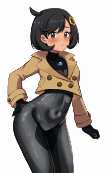 1girl :o absurdres black_bodysuit black_hair blue_eyes bodysuit brown_jacket covered_navel cowboy_shot emma_(pokemon) hair_ornament highres jacket nintendo nootomo pokemon pokemon_legends:_z-a short_hair side_ahoge simple_background skin_tight solo thighs white_background