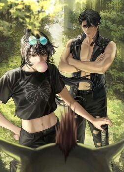 1boy 1girl alternate_costume black_hair black_jacket black_shirt blackbox_(blackbox9158) blowing_bubble_gum blue-tinted_eyewear chewing_gum cowboy_shot crop_top crossed_arms curtained_hair denim eyewear_on_head forest goblin han_sooyoung jacket jeans looking_at_another muscular muscular_male nature no_shirt official_art omniscient_reader's_viewpoint outdoors pants ponytail pov shirt sleeveless sleeveless_jacket stomach third-party_source tinted_eyewear torn_clothes torn_jeans torn_pants yoo_joonghyuk