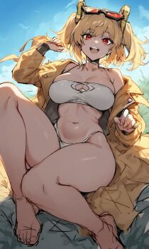 1girl beach bikini breasts burnice_white hetero highres large_breasts looking_at_viewer nay_juno open_mouth sand simple_background smile solo swimsuit thighs underwear white_bikini zenless_zone_zero