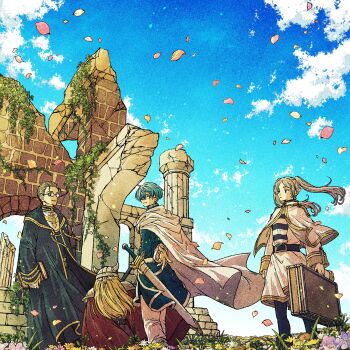 1girl 3boys beard blue_hair blue_sky book briefcase capelet cloak commentary earrings eisen_(sousou_no_frieren) elf facial_hair fake_horns falling_petals frieren glasses gold_trim grey_hair hair_between_eyes hair_slicked_back heiter helmet highres himmel_(sousou_no_frieren) holding holding_book holding_briefcase horned_helmet horns jewelry long_hair multiple_boys pants parted_bangs parted_lips petals pink_petals pointy_ears priest red_cloak ruins shirt short_hair skirt sky smile sousou_no_frieren striped_clothes striped_shirt sword toriga twintails warrior weapon white_capelet white_cloak white_pants white_skirt yellow_petals